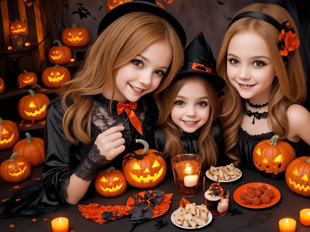 trois filles halloween et citrouilles